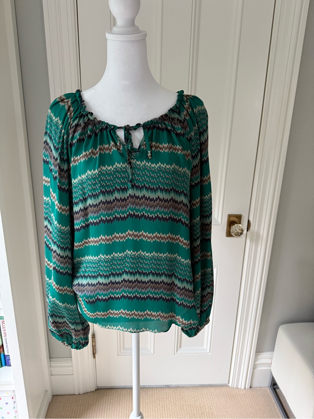 Parker Green Silk Zigzag-Stripe Long-Sleeve Peasant Top